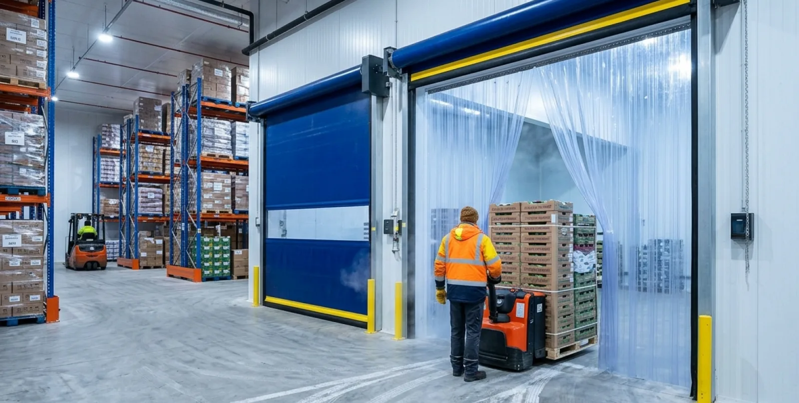 Industrial PVC swing door installed in a cold storage warehouse with transparent PVC strip curtains