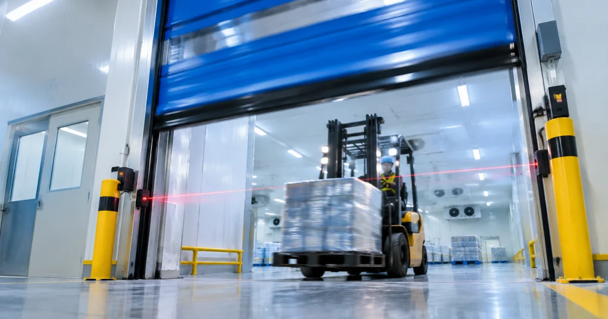 High-speed industrial door operating as a forklift approaches in a warehouse corridor