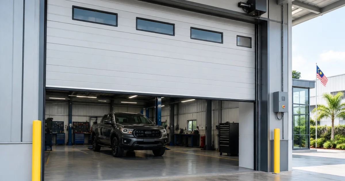 Commercial workshop with an insulated sectional garage door and motorised hardware installed