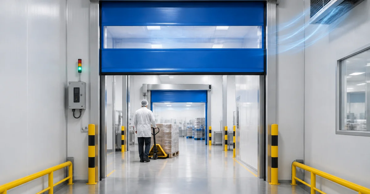High-speed door separating two controlled industrial zones in a clean facility
