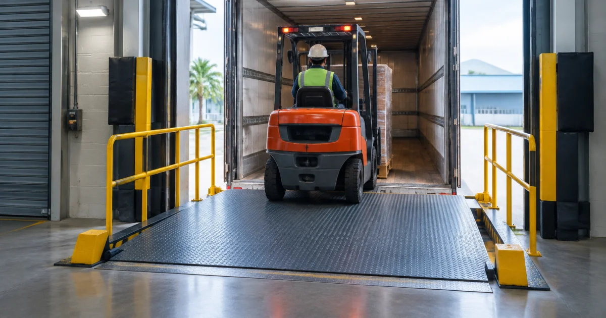 Hydraulic dock leveler bridging a warehouse dock to a truck trailer while a forklift crosses