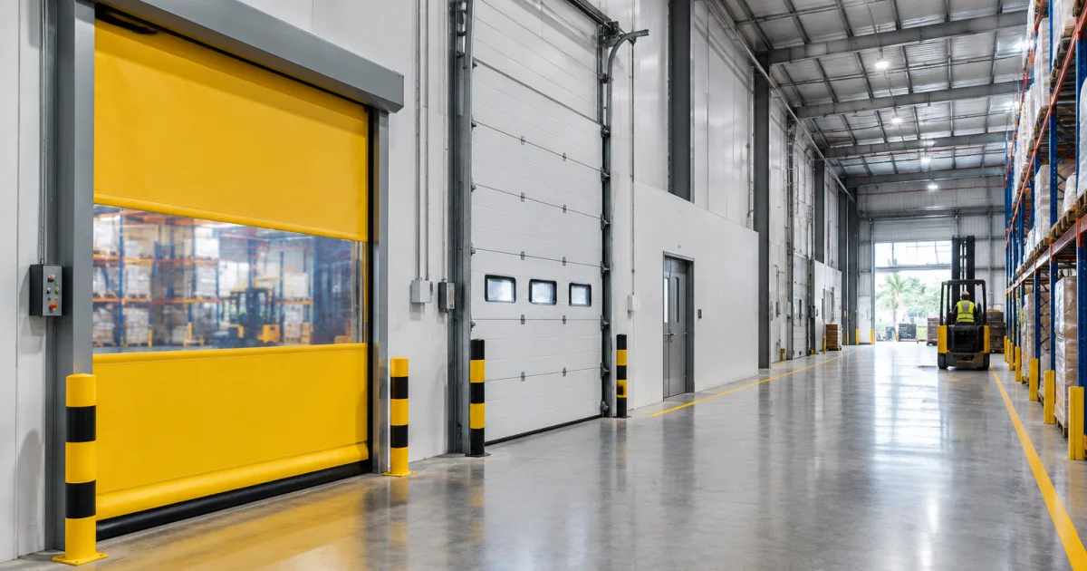 Warehouse corridor showing multiple industrial door types used for different openings