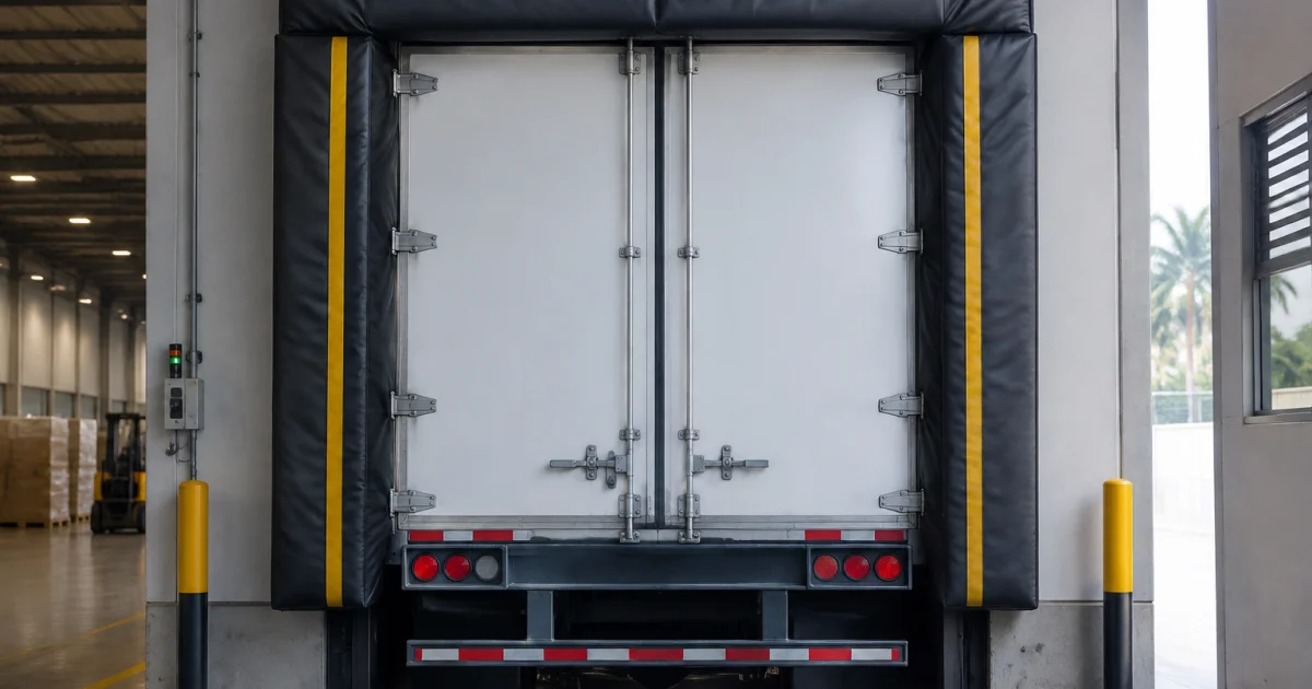 Truck trailer backed into a loading dock with a dock shelter forming a tight seal around the opening