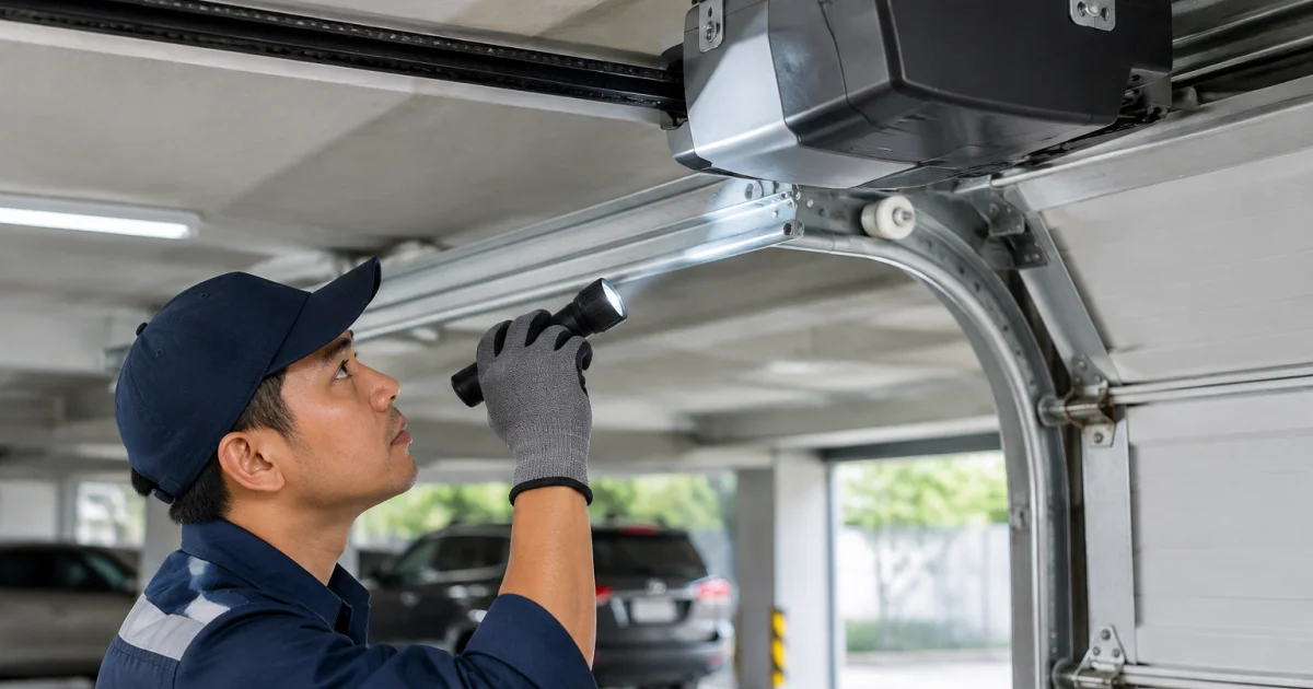 Technician inspecting the track and motor housing of a motorised garage door in a commercial garage