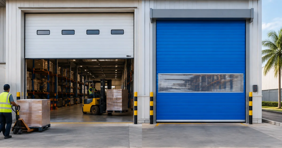 Two industrial loading bays showing an overhead sectional door and a different industrial door type for comparison