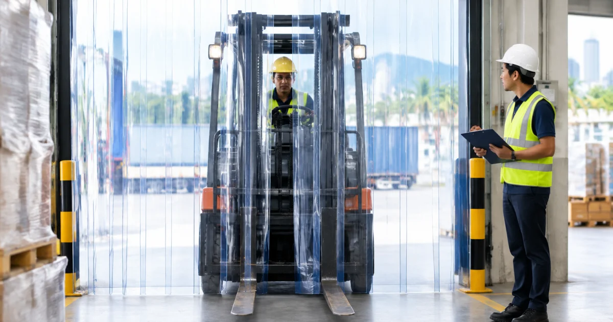 Forklift moving through a PVC strip curtain while an engineer evaluates the installation in a warehouse
