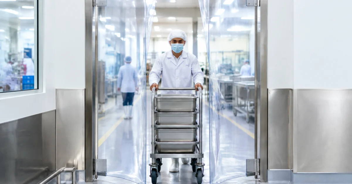 Worker pushing a cart through clear PVC swing doors in a clean industrial corridor