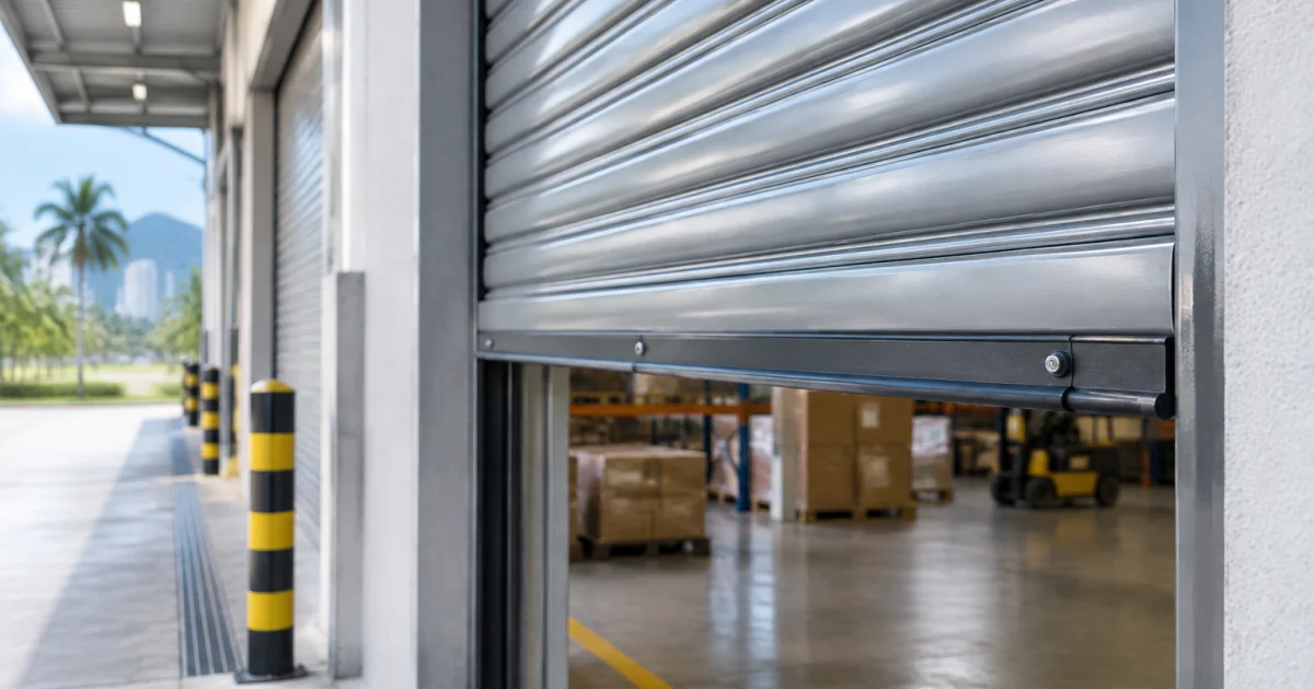 Partially open industrial roll up door showing slat construction at a service entrance
