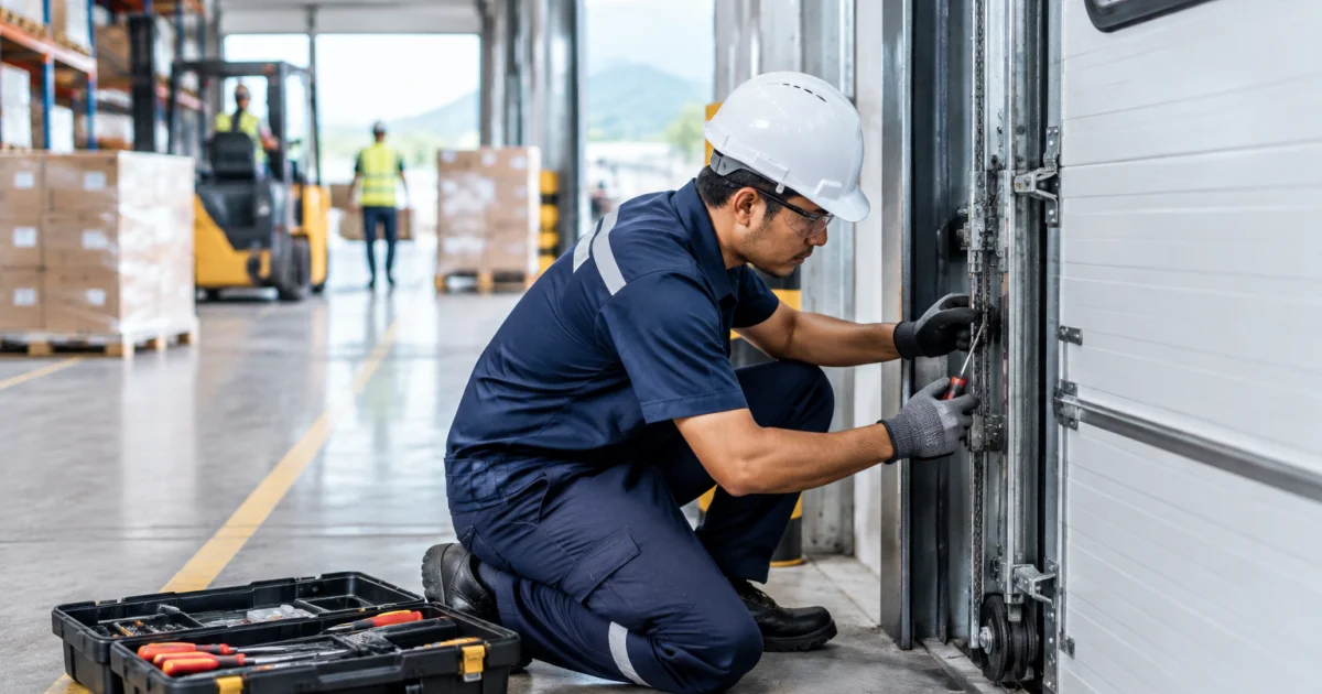 Technician performing preventive maintenance on a warehouse industrial door while operations continue